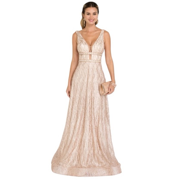 Elizabeth K by GLS Gold Glitter Maxi Long Gown Dress Formal Prom Straps Beads XS - Picture 1 of 11